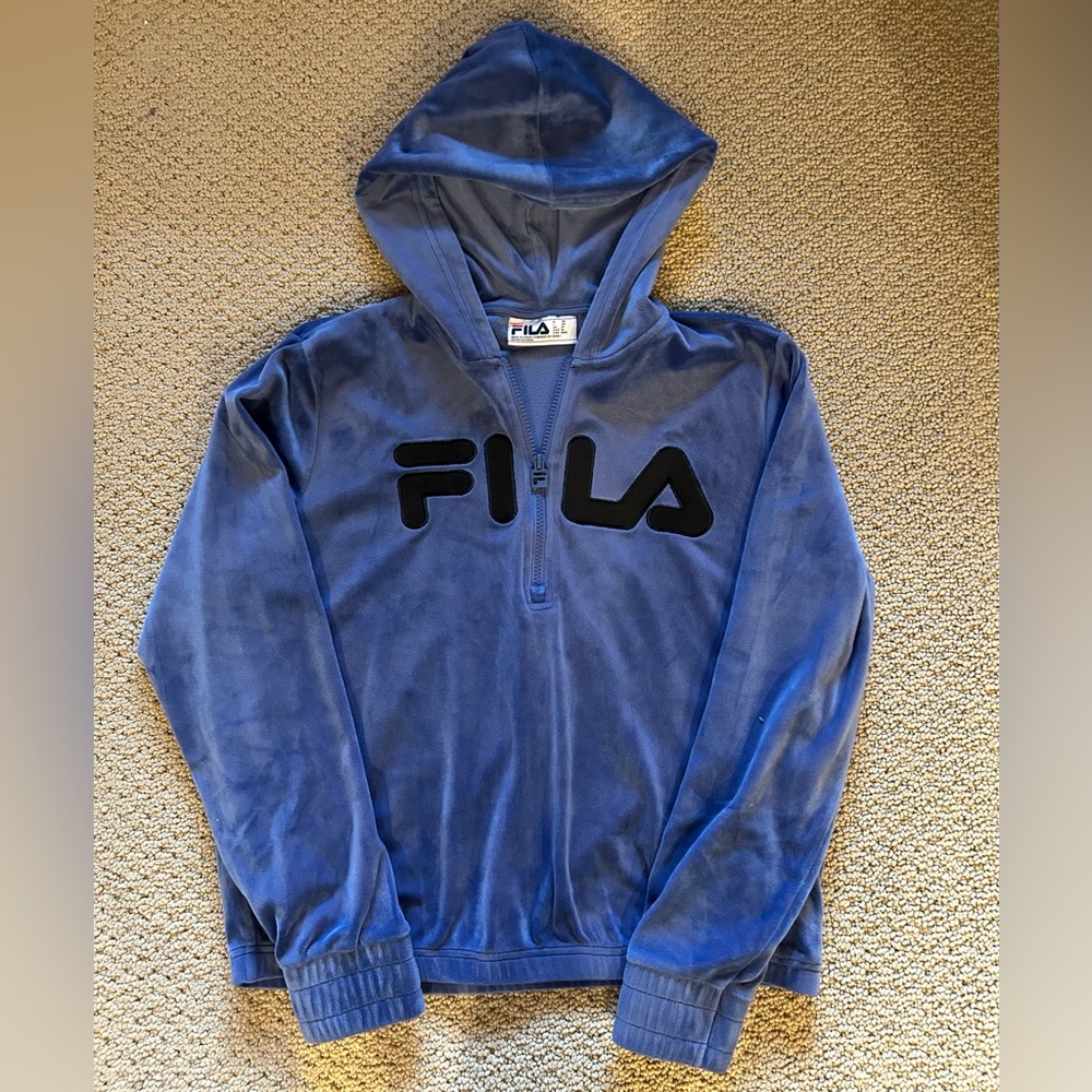 Fila Velour Blue Quarter Zip Logo Hooded Track Jacket Size M